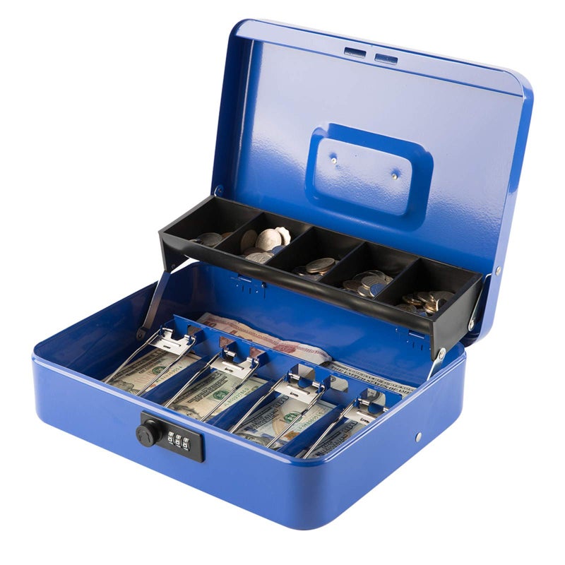 KYODOLED Metal Cash Box with Combination Lock & Spring-Loaded Bill Clips, 5-Compartment Cantilever Coin Tray, Portable Safe for Yard Sales/Craft Fairs/Small Businesses, 11.81â€x9.45â€x3.54â€, Blue - Image 1